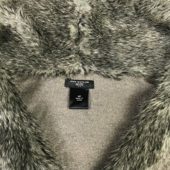 Ann Taylor Faux Fur Trim Cardigan Gray Button Sweater Long Sleeve PM Petites - Picture 4 of 11